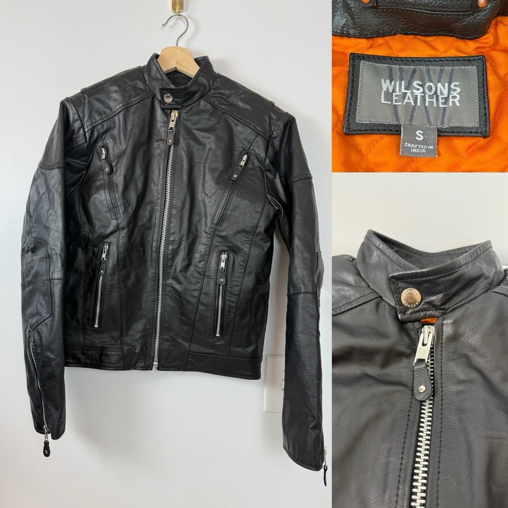 Wilsons Leather Jacket Mens Small Black Biker Zipper Motorcycle Quilt Lined Vtg